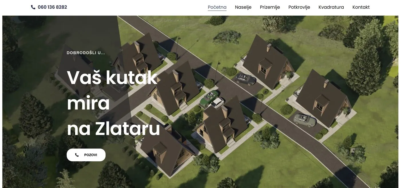 The Kuće Zlatar website: a residential development presented with full-width photography.