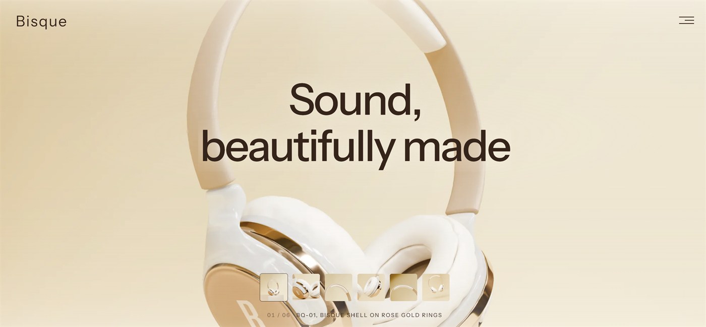 Homepage of the Bisque audio concept: cream headphones with rose gold detailing over a warm sand gradient, the headline Sound, beautifully made across them and a row of six thumbnails for switching angle.
