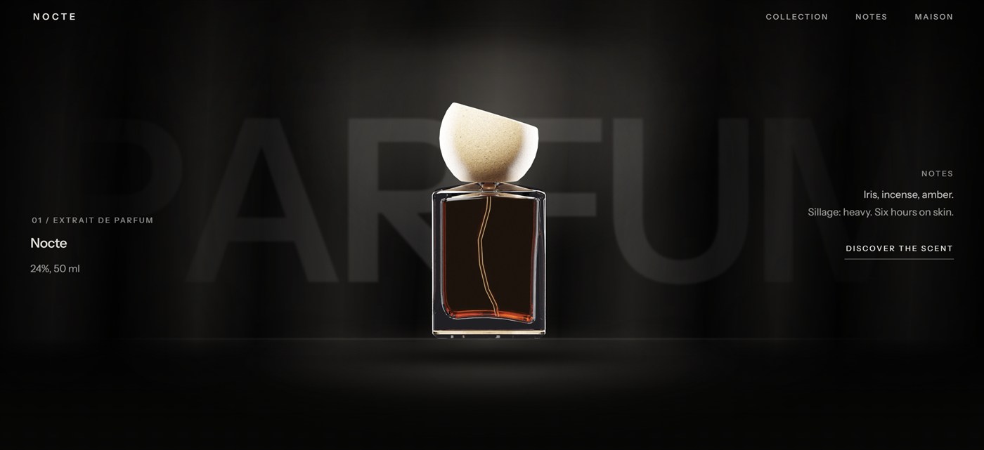 Homepage of the Nocte fragrance concept: a dark scene with a glass bottle and a sand-coloured ceramic cap at the centre, the word PARFUM barely visible behind it, and the notes iris, incense and amber listed on the right.